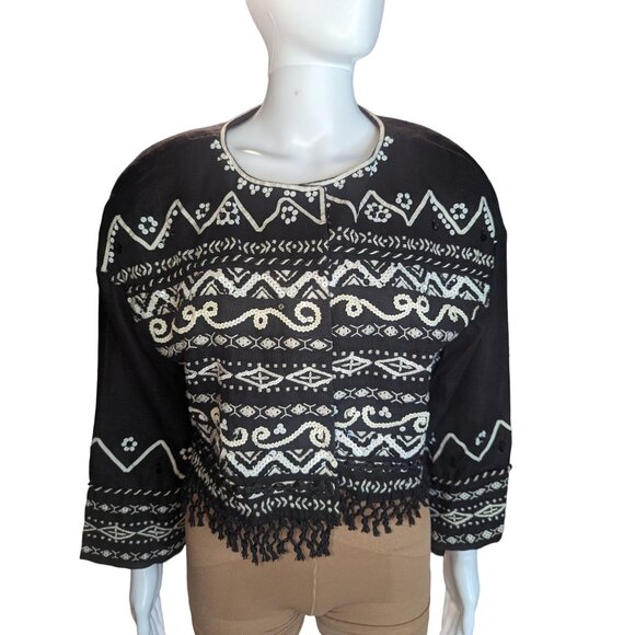 Vintage DKNY Boho Festival Boxy Cropped Beaded & Fringe Jacket 100% Linen Sz M - Picture 1 of 13